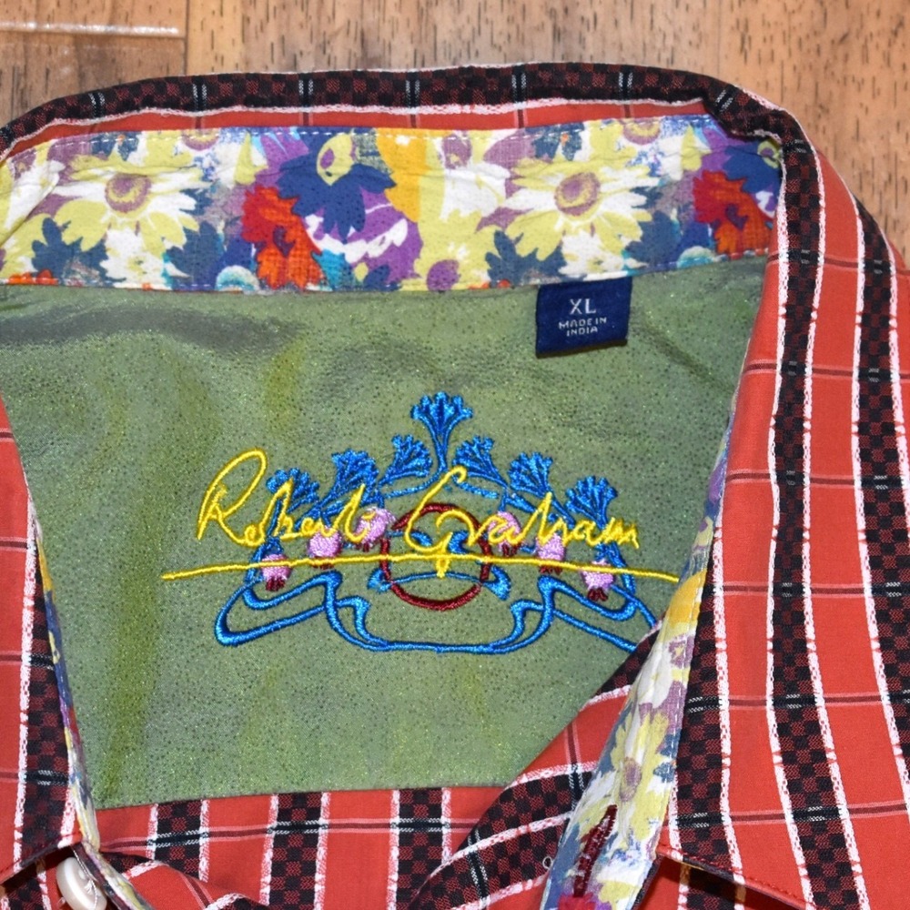 Robert Graham Shirt Mens XL Orange Striped Excellent Floral Back Embroidery - Picture 5 of 6